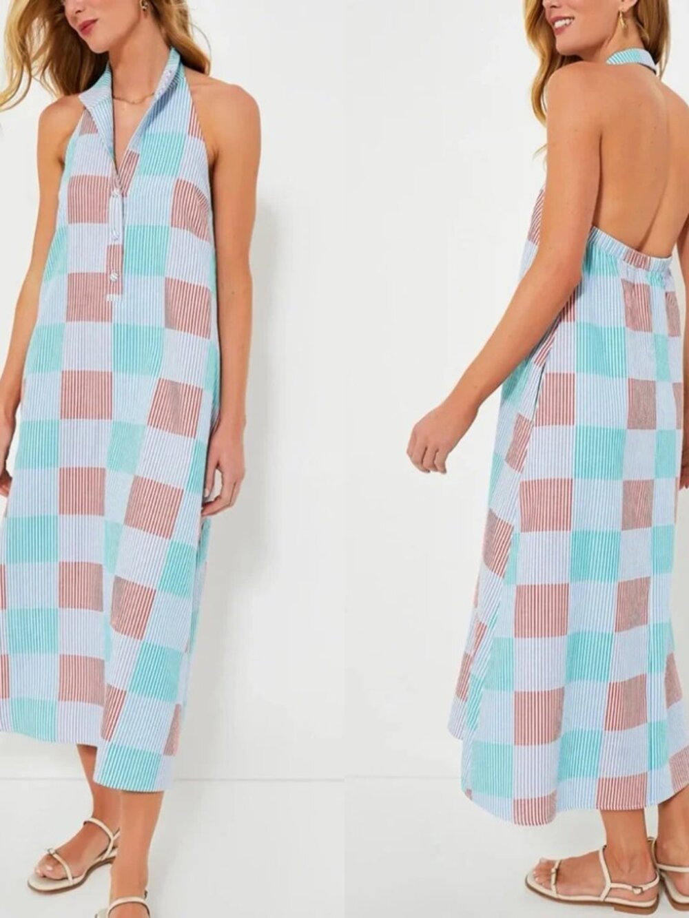 Tuckernuck Madras Jagger Dress M Cotton Seersucker Halter Maxi Plaid Pockets